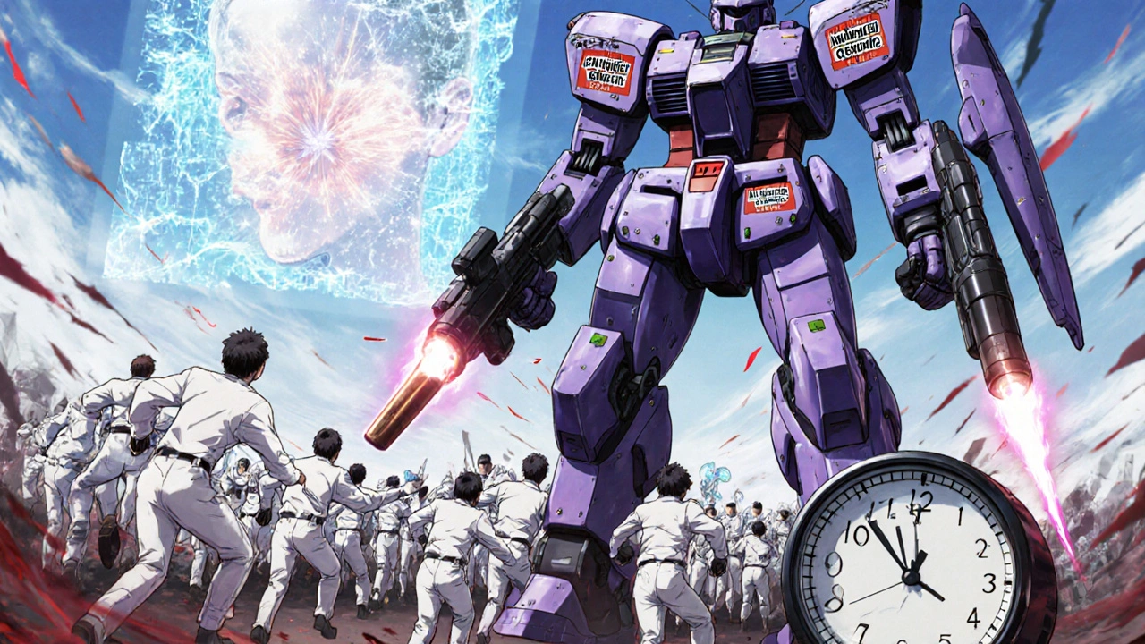 Generic drug warriors battle a patent-armored mech labeled &#039;Humira&#039; in a futuristic medical showdown.