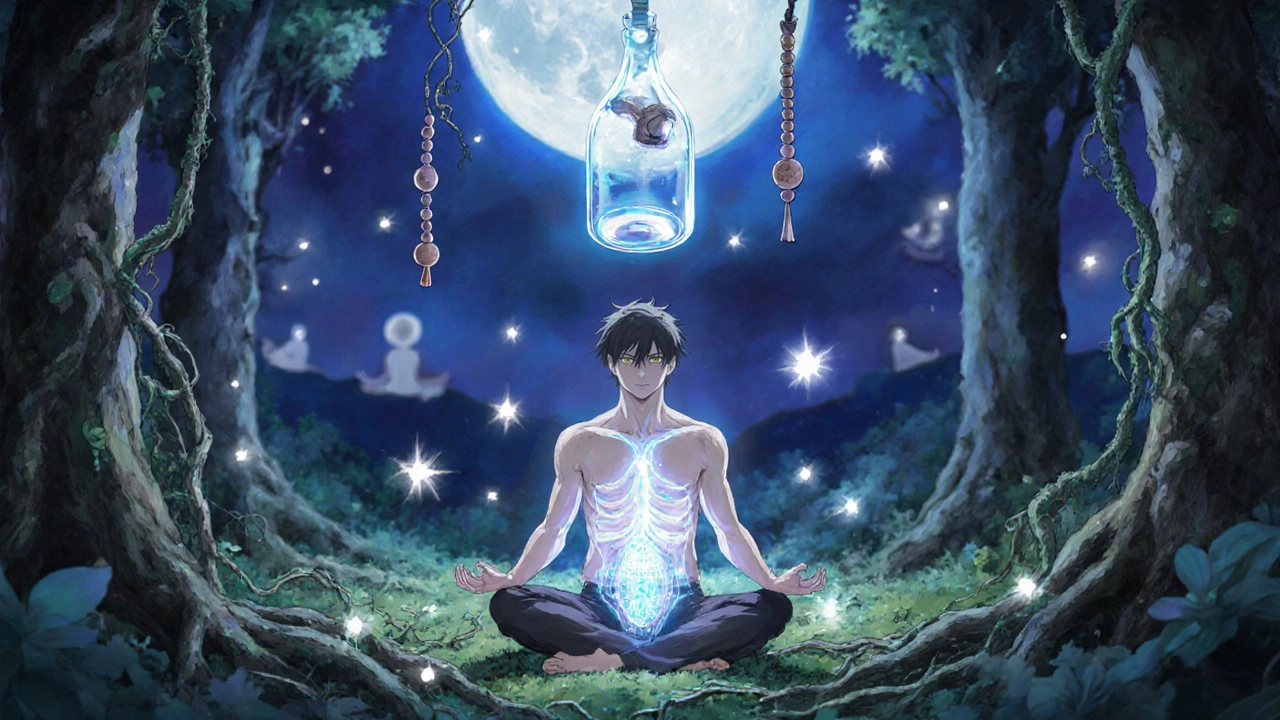 Man doing Kegels in forest, glowing pelvic light, Confido bottle and meditation beads floating above.