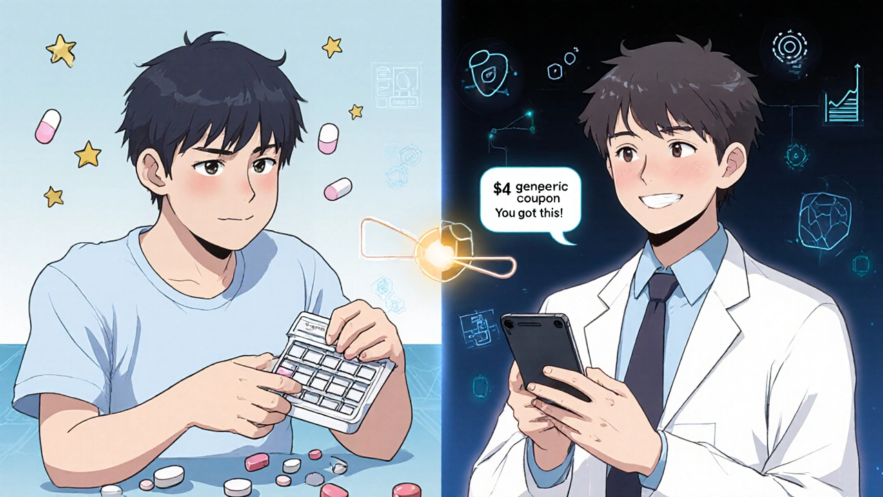 Patient receiving support through reminders, coupons, and digital tools to improve medication habits.