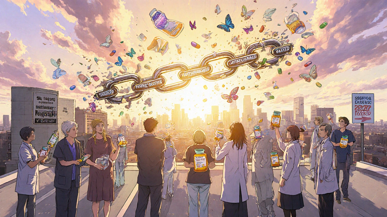 Patients and doctors celebrating as prior authorization chains break apart under a rising sun.