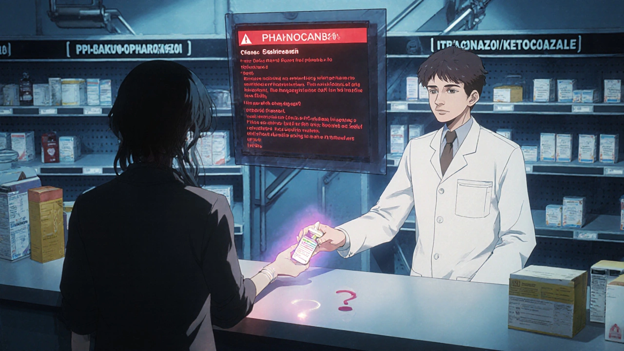 Pharmacist giving echinocandin instead of itraconazole, with FDA warning hologram in background.