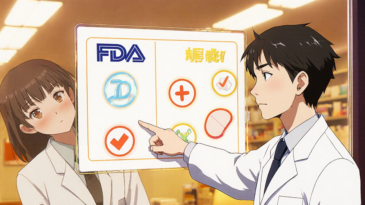 Pharmacist pointing to a visual chart comparing brand and generic pills, patient watching intently.