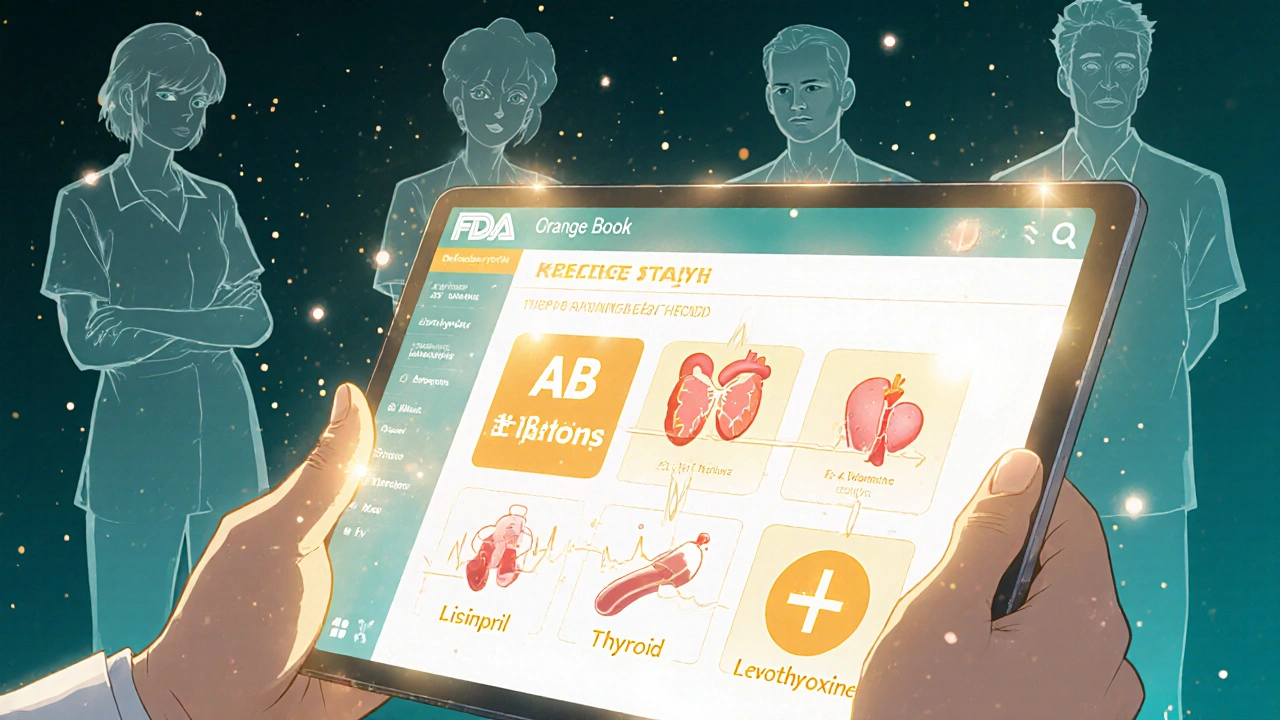 Pharmacist showing FDA Orange Book on tablet with glowing AB ratings for generic medications, translucent patient silhouettes watching.