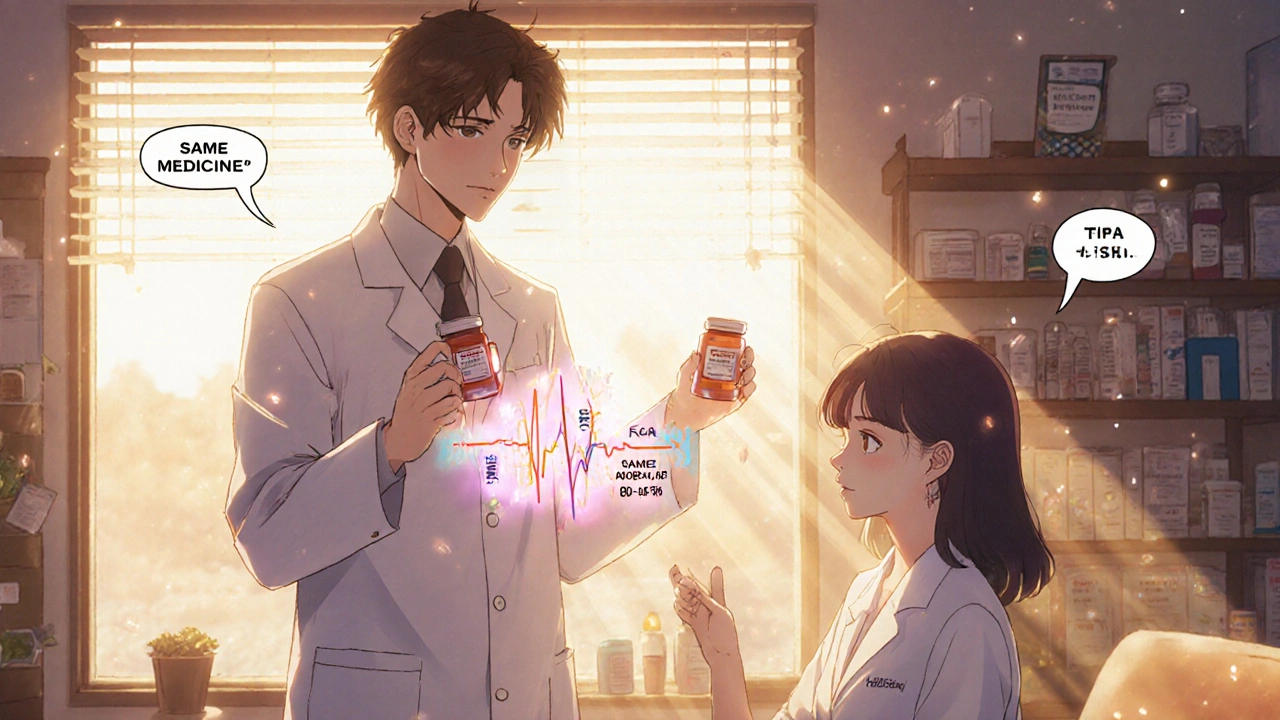 Pharmacist shows identical pills with animated absorption rate diagram.