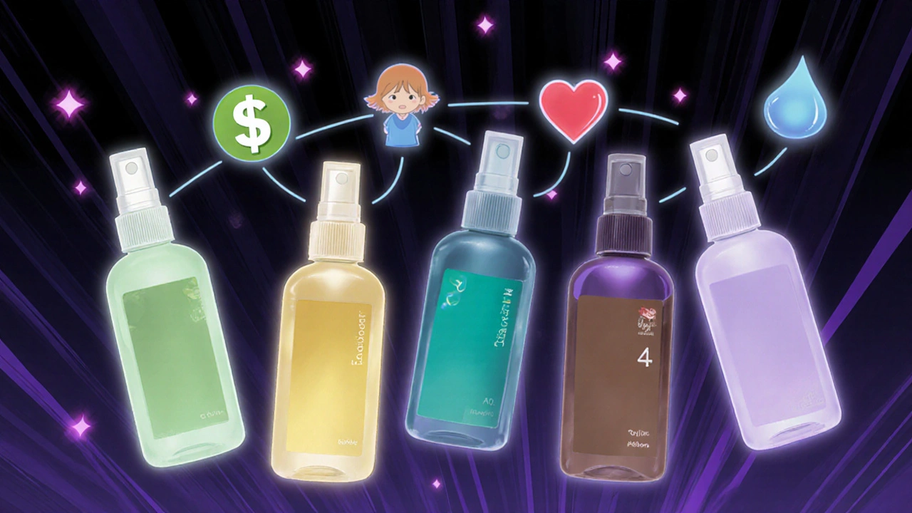 Six nasal spray bottles floating with glowing auras representing cost, age, asthma, and irritation.
