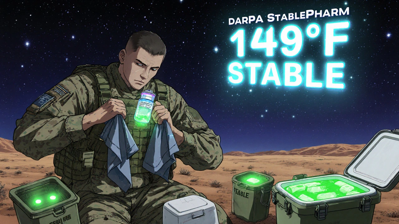 Soldier using wet towel and phase-change materials to cool insulin, with holographic future vaccine prototype glowing nearby.