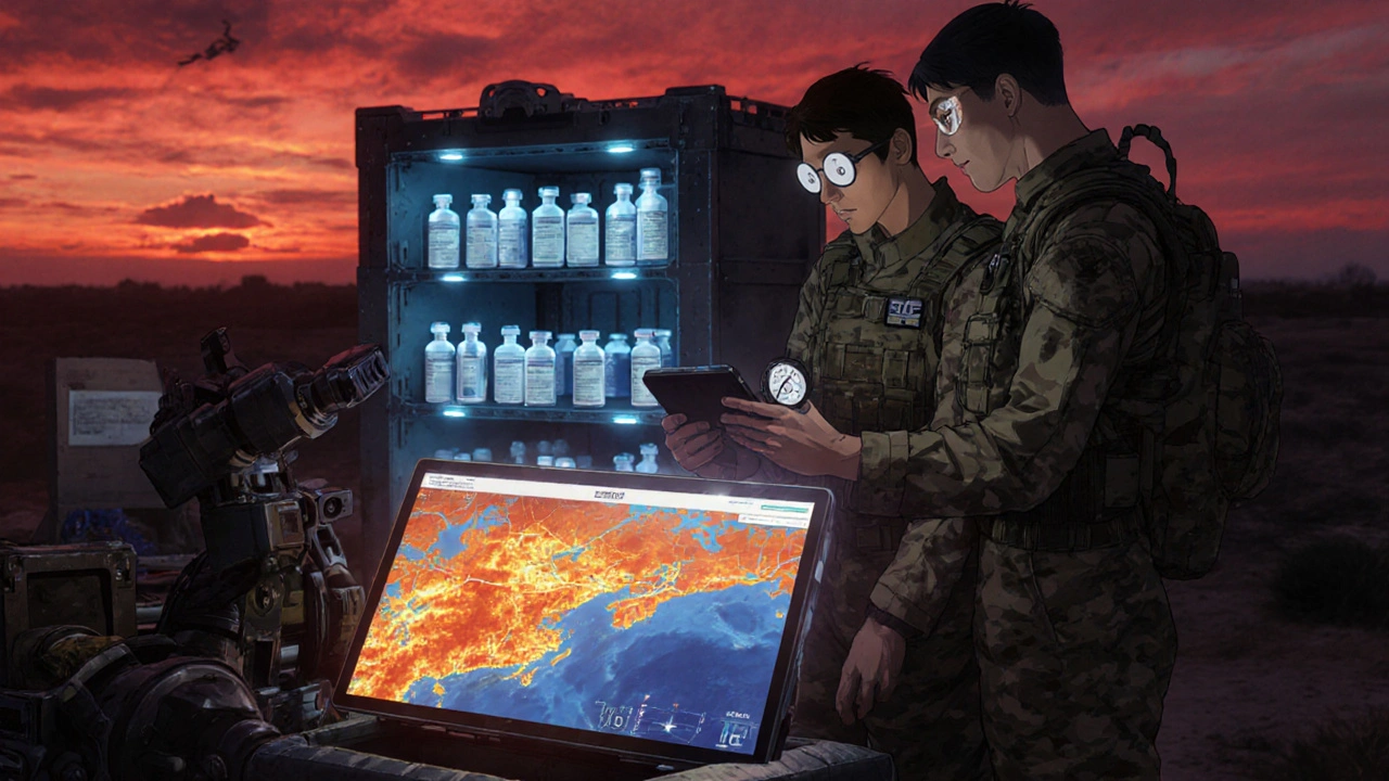Soldiers checking digital and analog thermometers on a medical crate under a sunset sky.