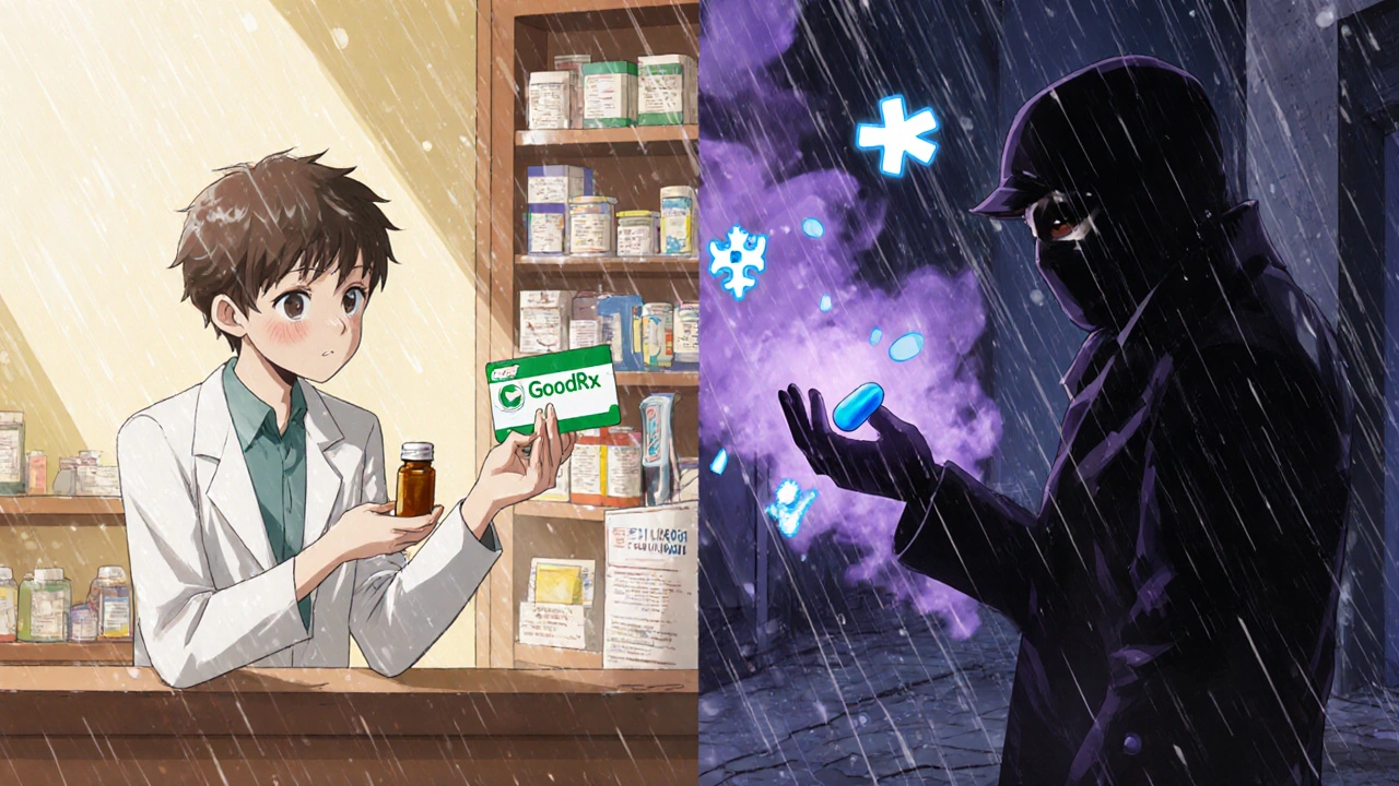 Split scene: safe pharmacy pickup on one side, illegal drug delivery in a dark alley on the other.