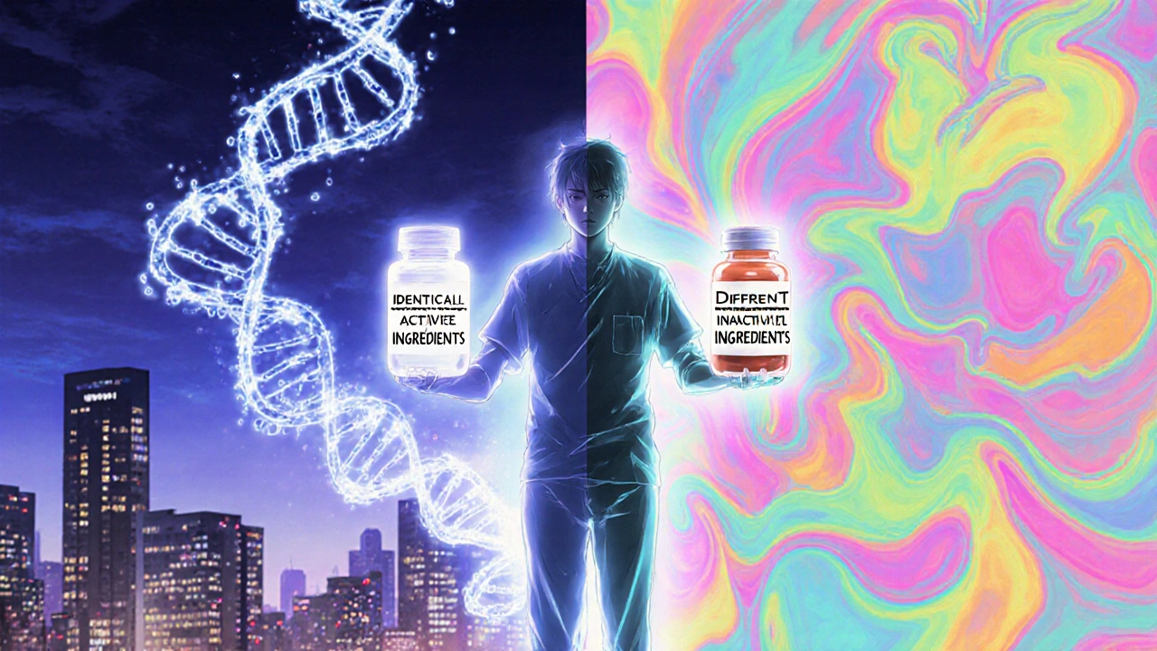 Split-screen illustration showing identical active ingredients vs. different fillers in pills, patient caught between them.