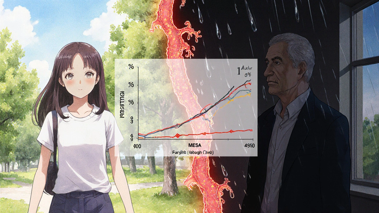 Split-screen showing low vs. high coronary calcium scores with symbolic arterial visuals.