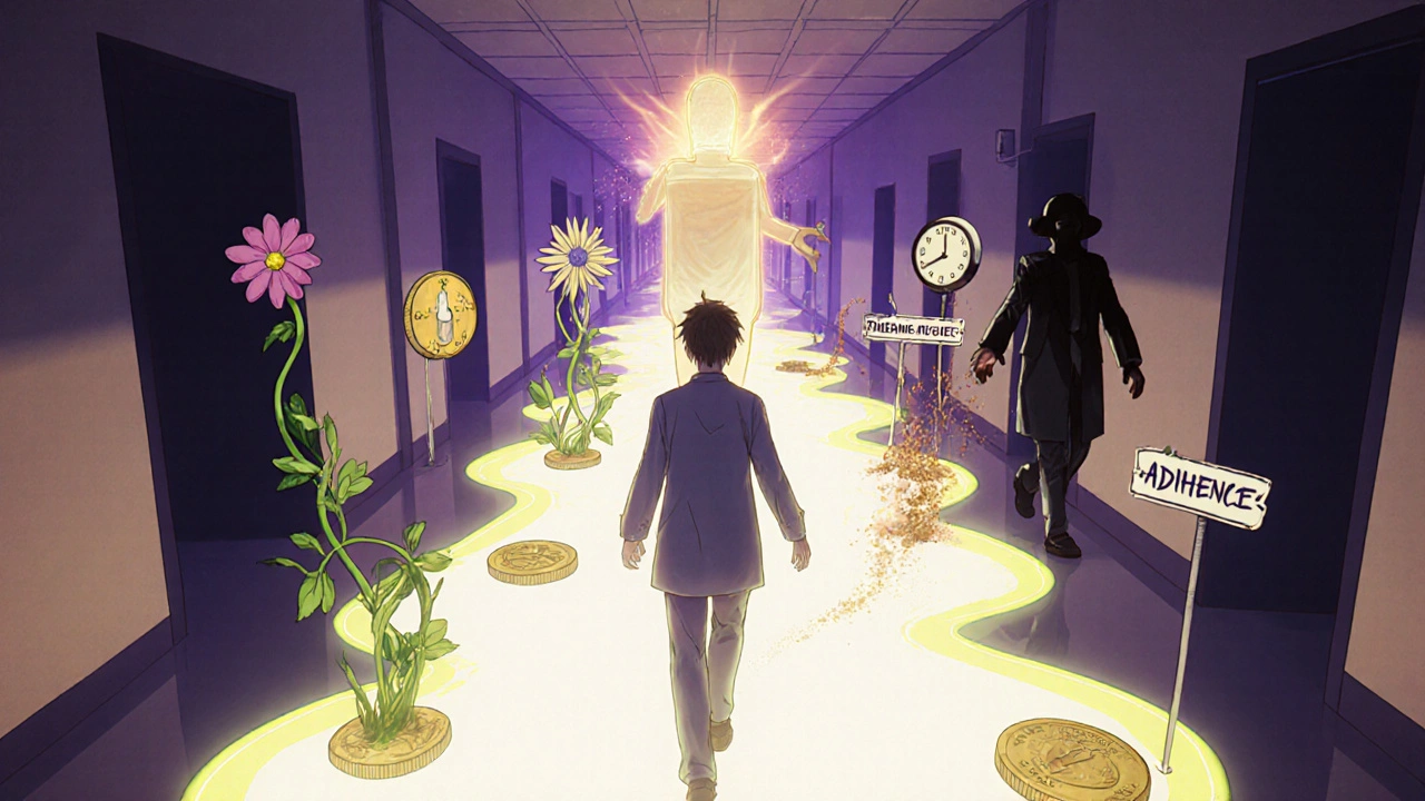 Symbolic path of adherence with barriers transforming into support, leading toward hope and healing.