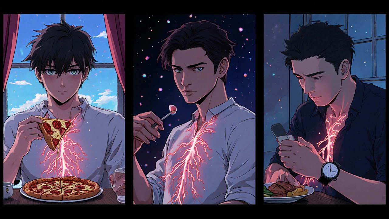 Three men with different ED pills, visualized blood flow paths showing duration differences and food effects.