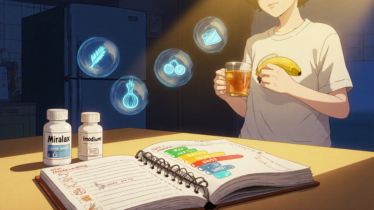 Two medication bottles and a food journal beside a banana and tea, with floating FODMAP triggers in the background.