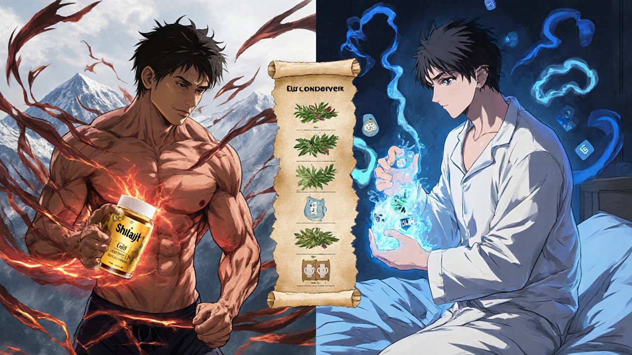 Two men side by side: one energized with Shilajit Gold, the other calm with Confido, symbolic aura contrast.