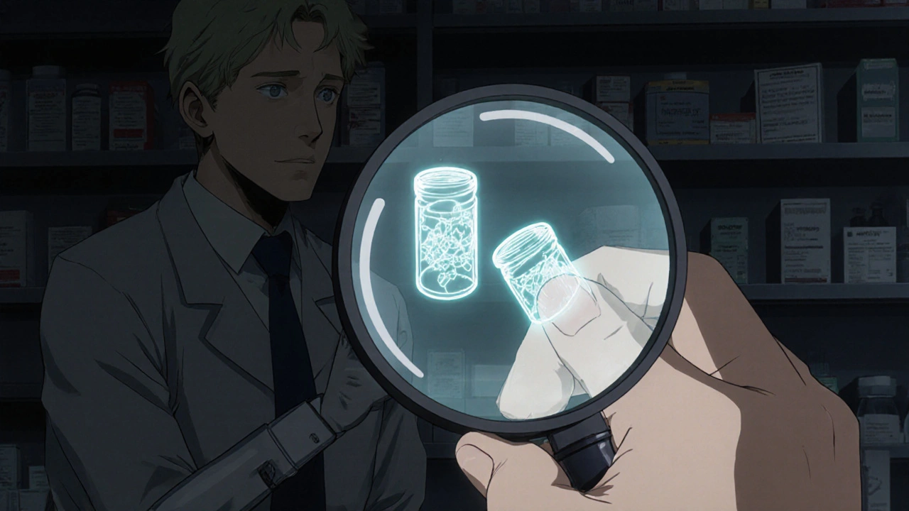 Two pills side by side under a magnifying glass, showing identical internal structures with glowing active ingredients.