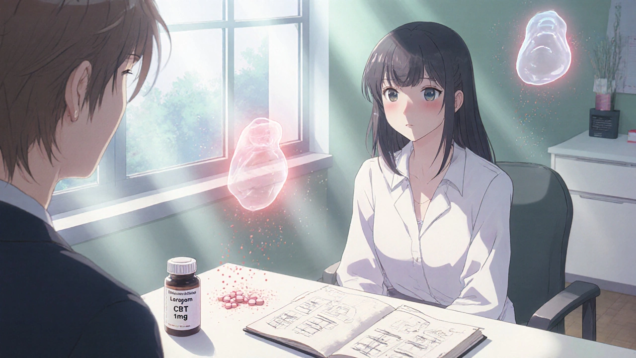 Woman in therapy with psychiatrist, counterfeit pills dissolving into dust behind her.