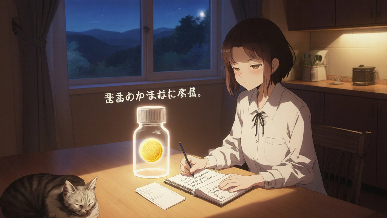 Woman logging her symptoms in a notebook as her generic pill glows identically to the brand-name version with golden energy core.