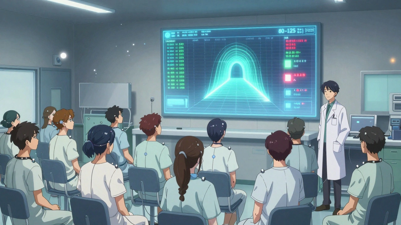 24 volunteers in a clinical study with floating holographic data displaying bioequivalence test results in real time.