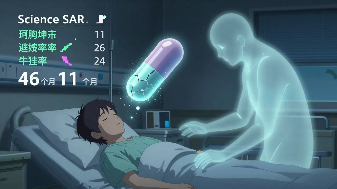 A cancer patient sleeps as a fading pill ghost shows declining health metrics.