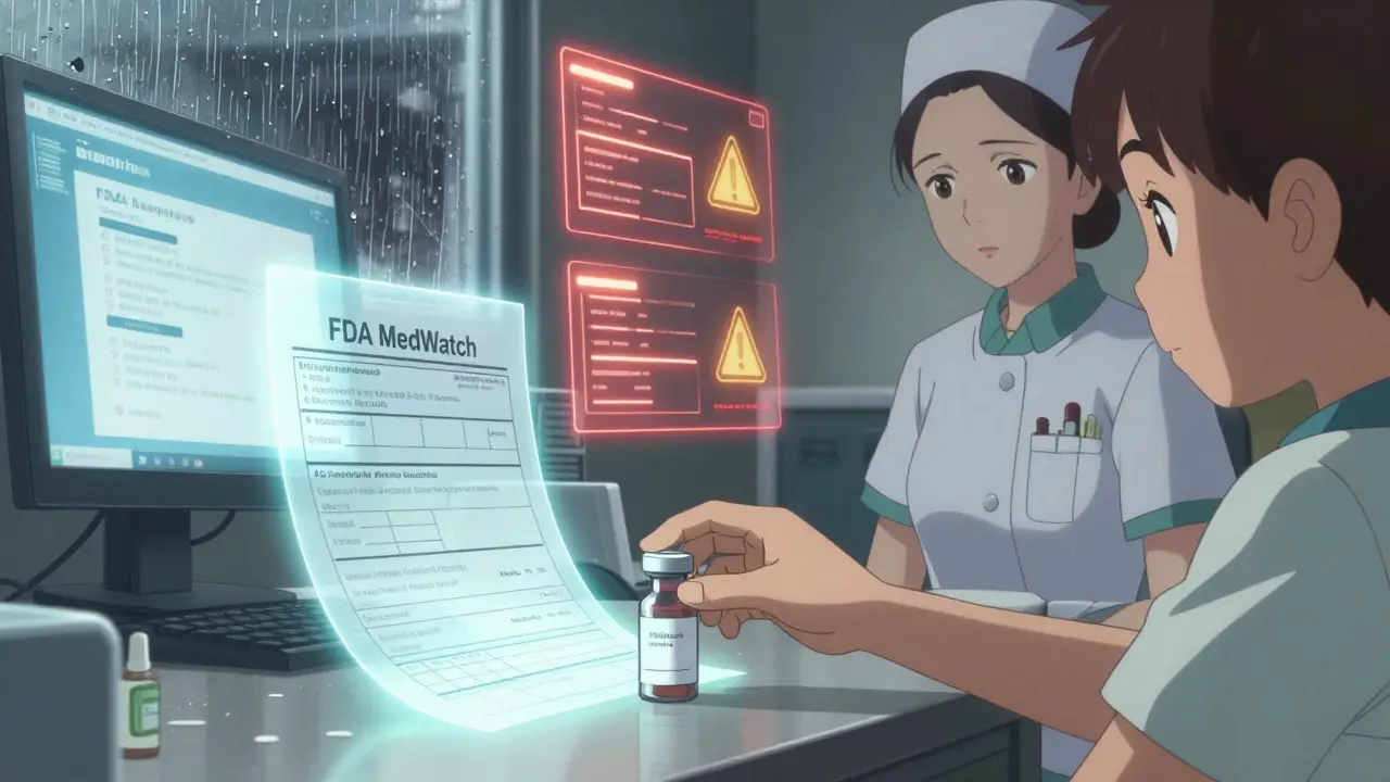 A child places medication on a nurse's desk as a digital safety report glows above them.