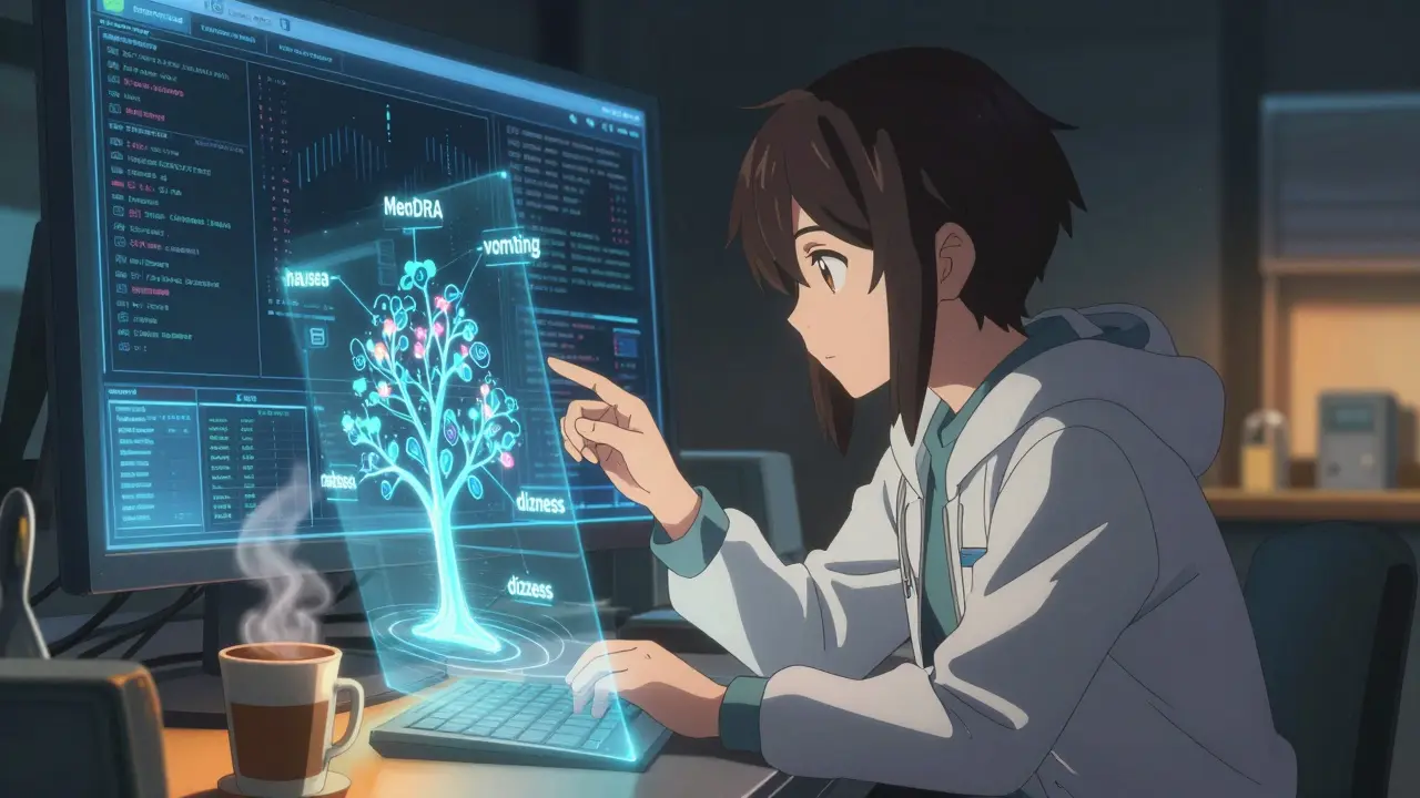 A data scientist interacting with glowing MedDRA hierarchies and real-time health data on a holographic interface in a futuristic lab.