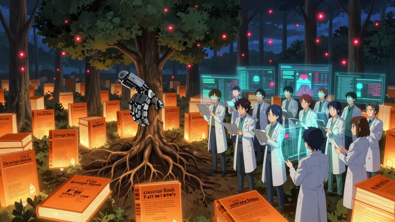 A digital forest of FDA books is being uprooted by a law-powered mechanical hand.