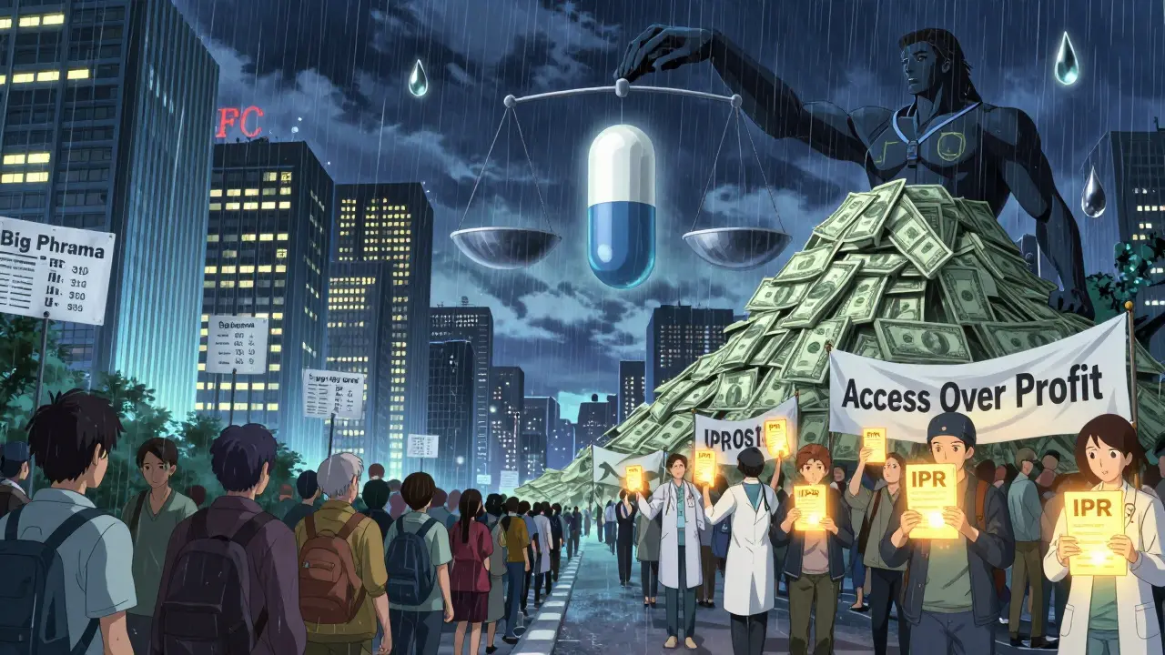 A divided city where patients suffer under expensive drugs, while a protest movement fights for access with glowing petitions.
