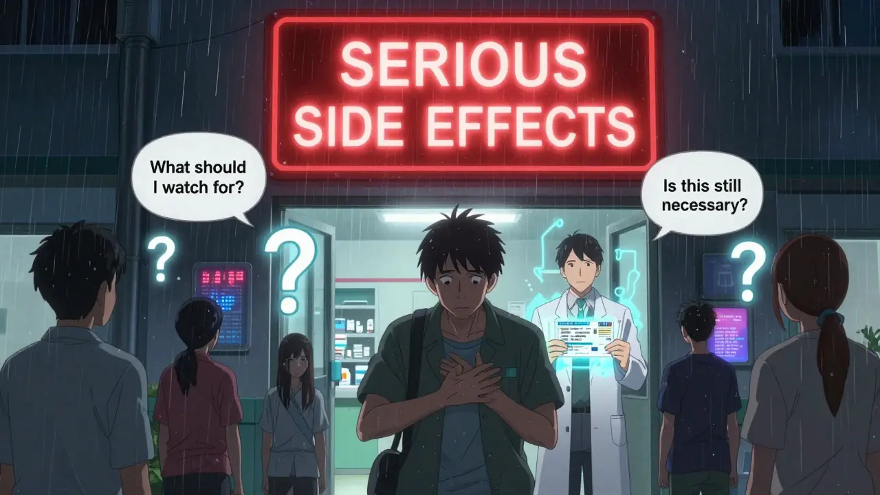 A man in emergency room with a glowing warning sign as a pharmacist holds up a protective medication guide.