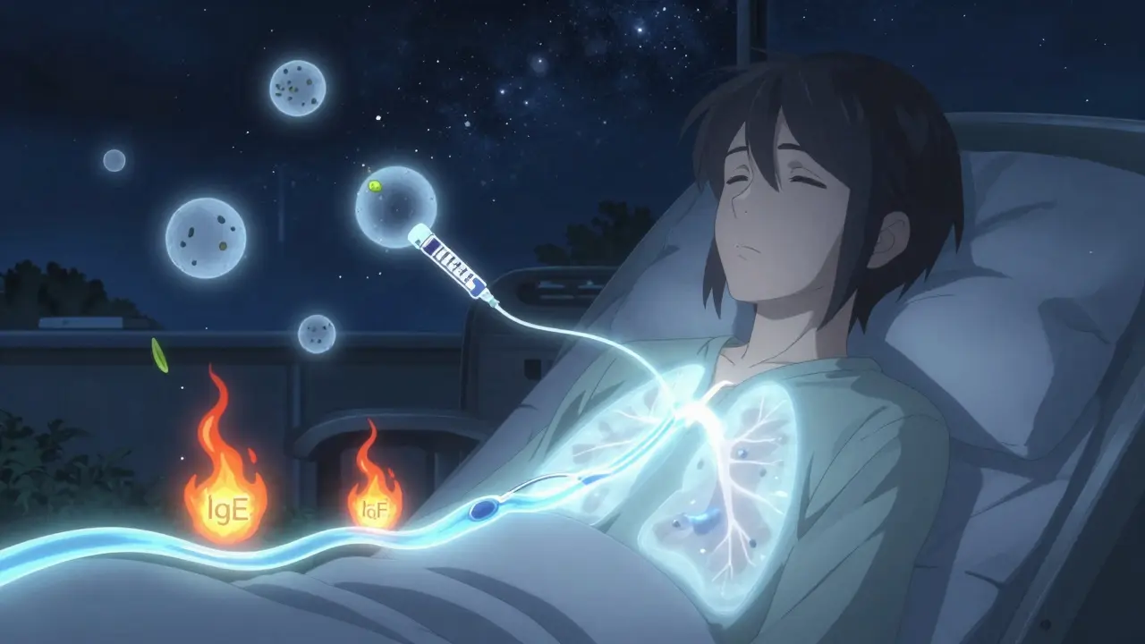 A patient receiving a biologic injection, with glowing antibodies dissolving in their bloodstream.