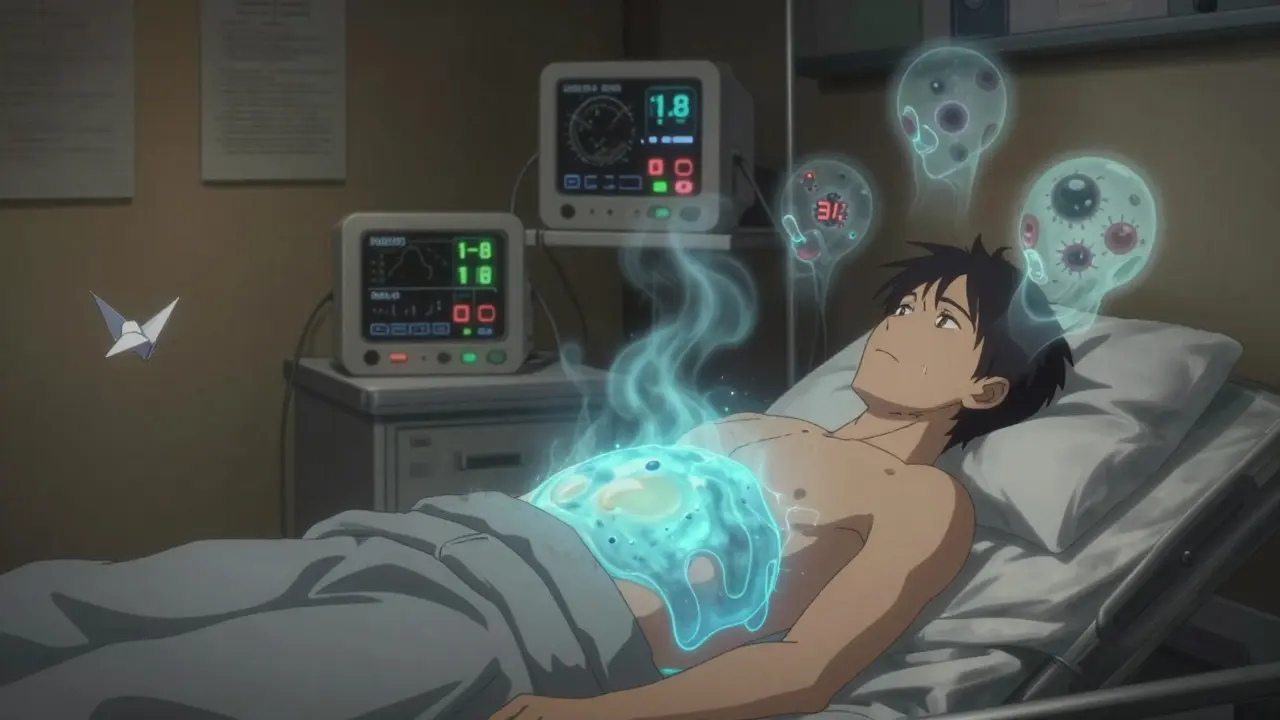 A patient with swollen abdomen and toxic mist swirling around their head, representing hepatic encephalopathy.