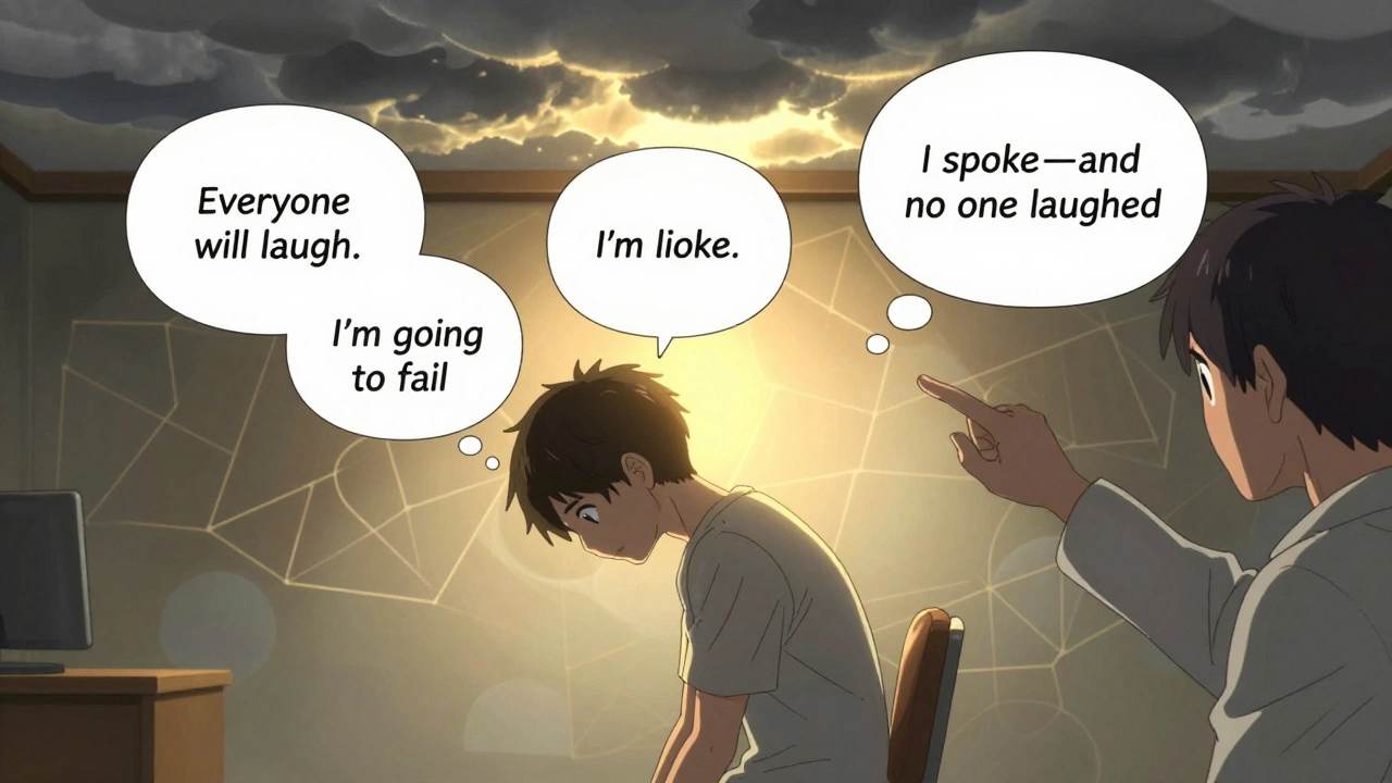 A person in therapy with floating thought bubbles showing fear transforming into calm, illuminated by warm light.