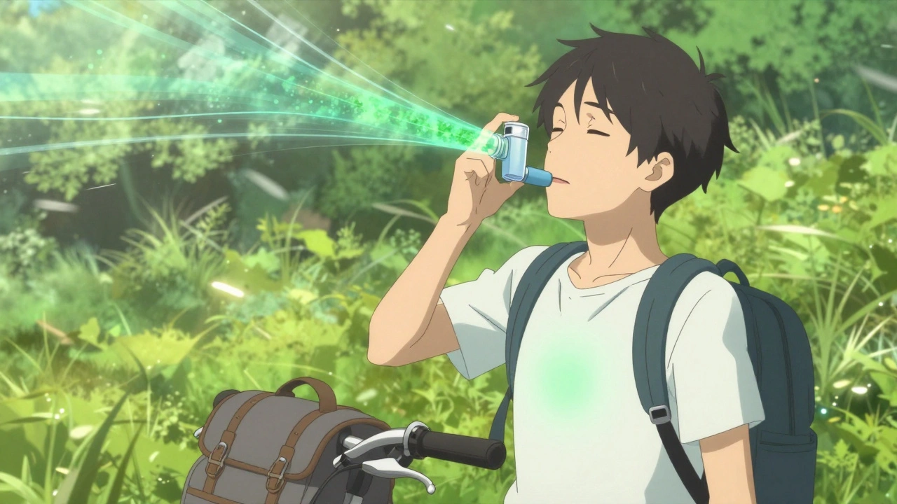 A teenager using an inhaler with a spacer in a park, visible medication trails entering their lungs.