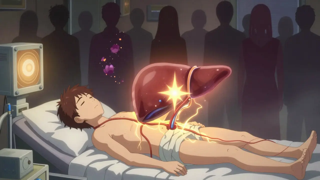 A transplanted liver glowing with golden energy as it reconnects to a recipient’s body.