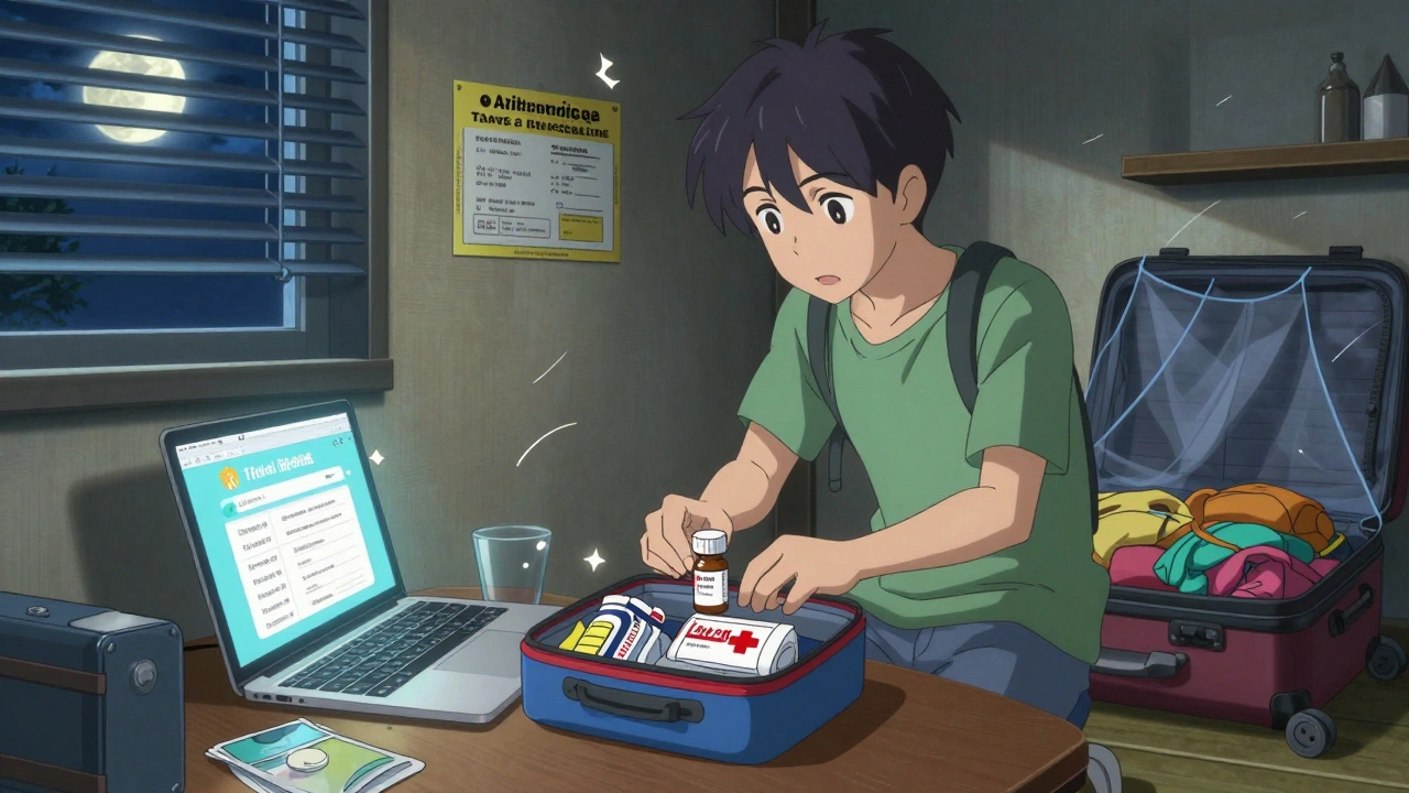 A traveler packs a first-aid kit at night, with prescriptions and vaccination certificate visible.