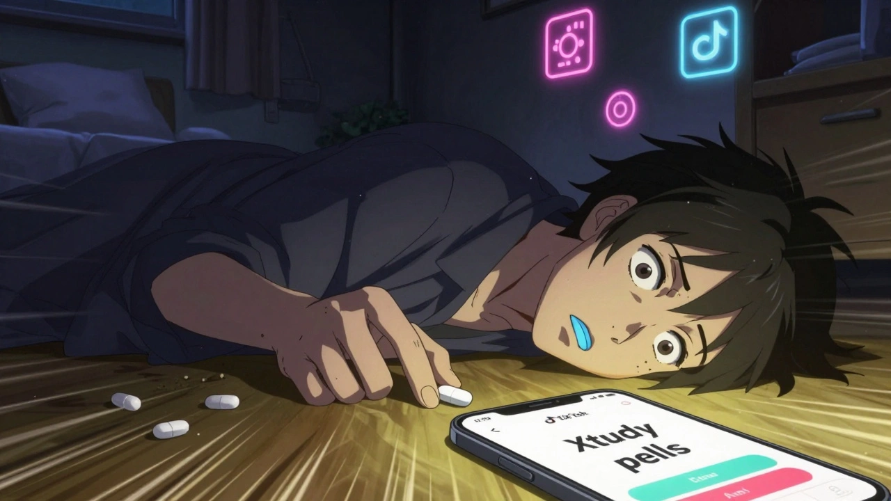 A young adult collapsed on the floor with blue lips and tiny pupils, fake pill nearby, social media ad visible on phone.