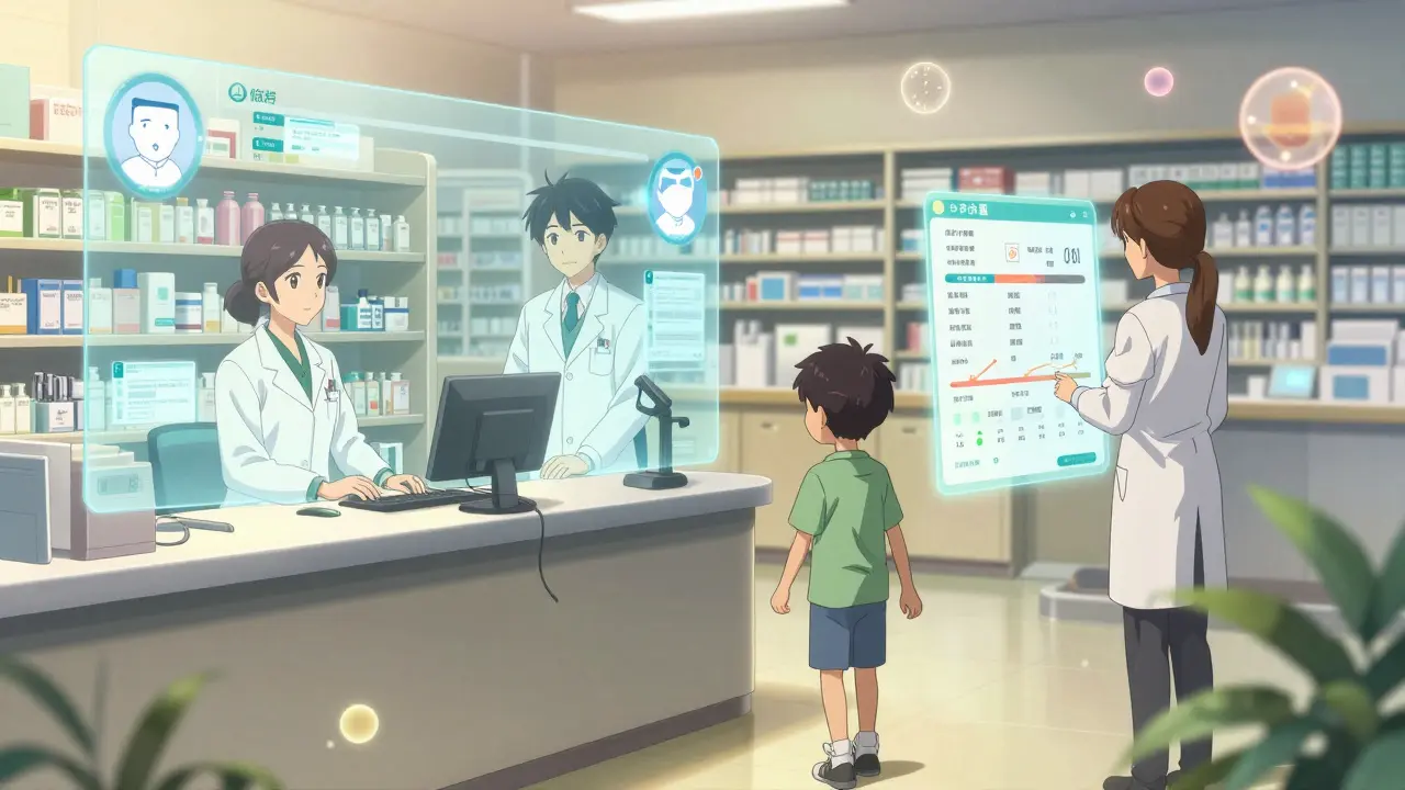 AI-assisted pharmacists sharing care plans with glowing data orbs in a futuristic pharmacy.