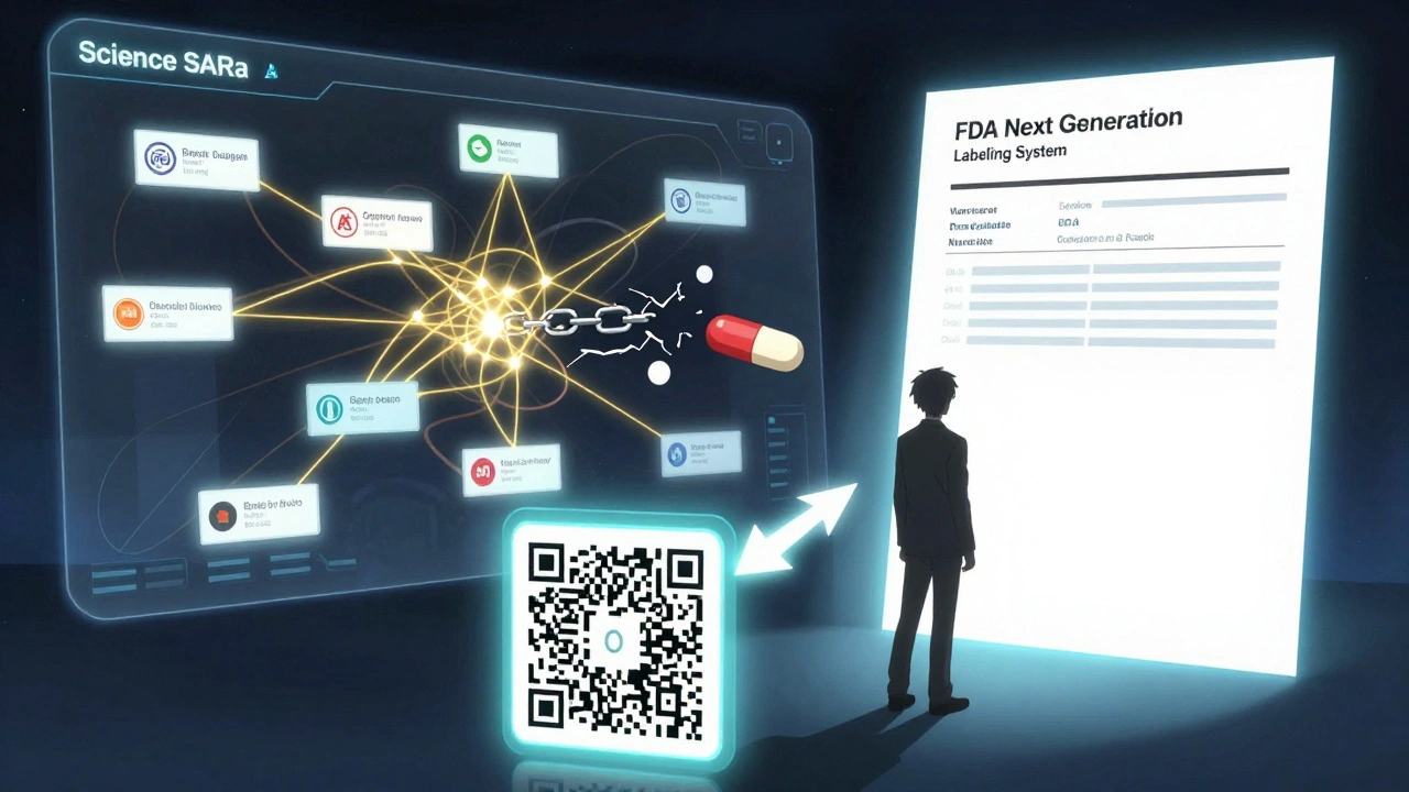 AI system connecting brand and generic drug labels with golden links, a broken chain and glowing QR code in foreground.