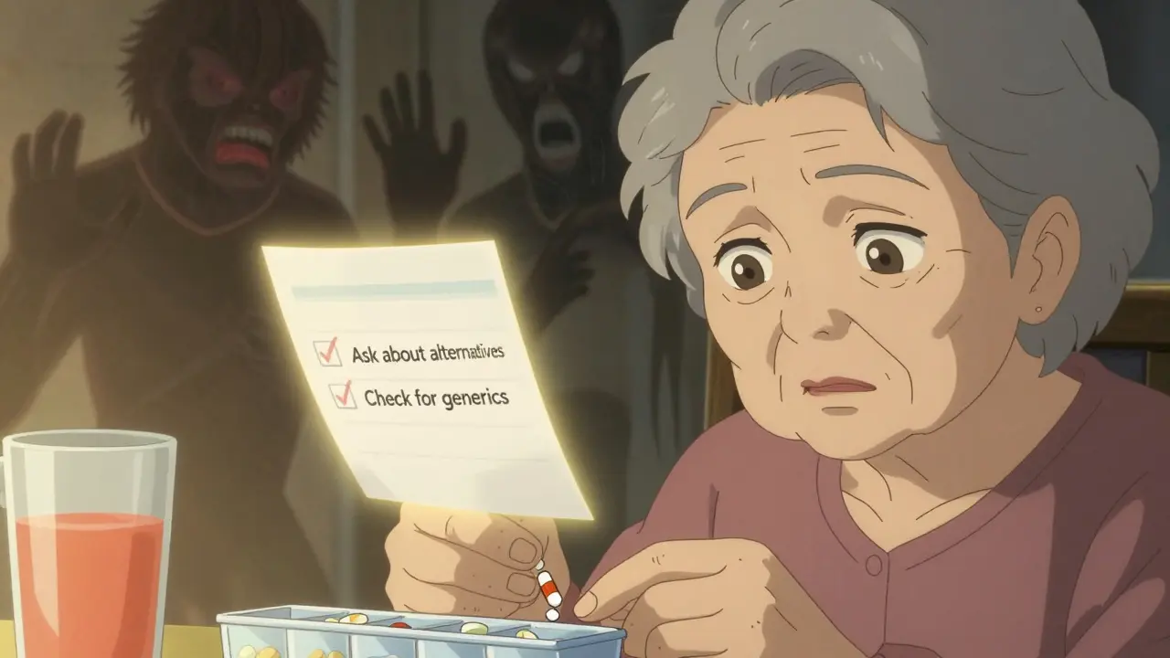 An elderly woman organizing pills with shadowy drug interaction threats behind her and a glowing checklist.