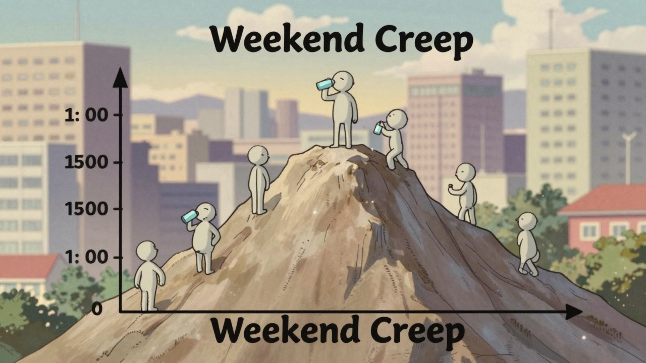 Animated graph of weekly weight gain with tiny figures battling calorie mountain.