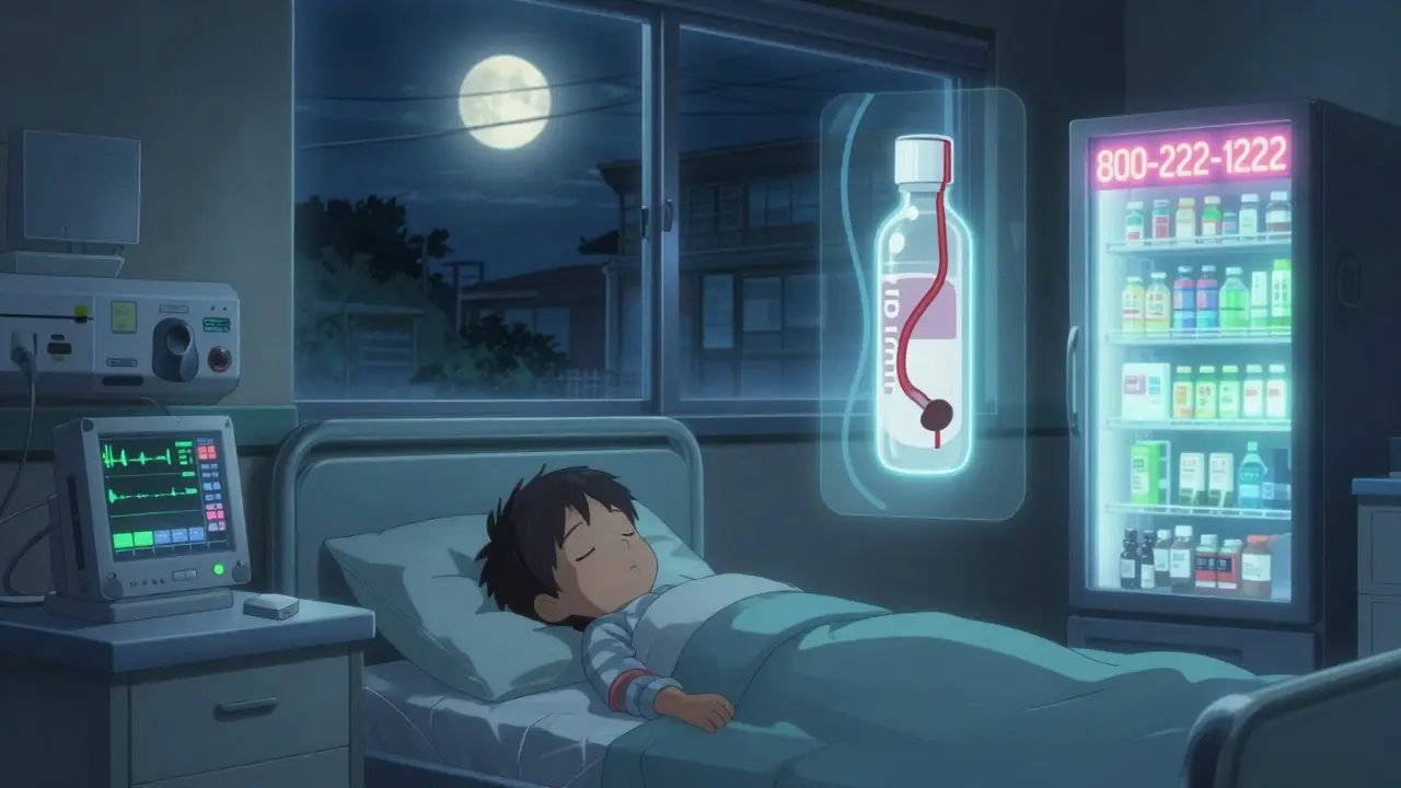 Child sleeping in hospital with vital signs monitored and Poison Control number visible