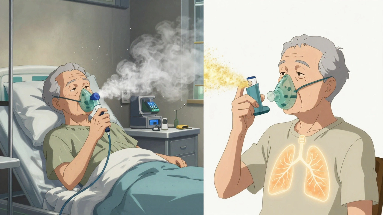 Contrasting scenes of inefficient nebulizer use vs. efficient inhaler use with glowing lung delivery.