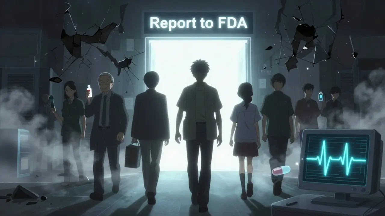 Diverse individuals walking toward an FDA reporting portal as fake drugs dissolve behind them.