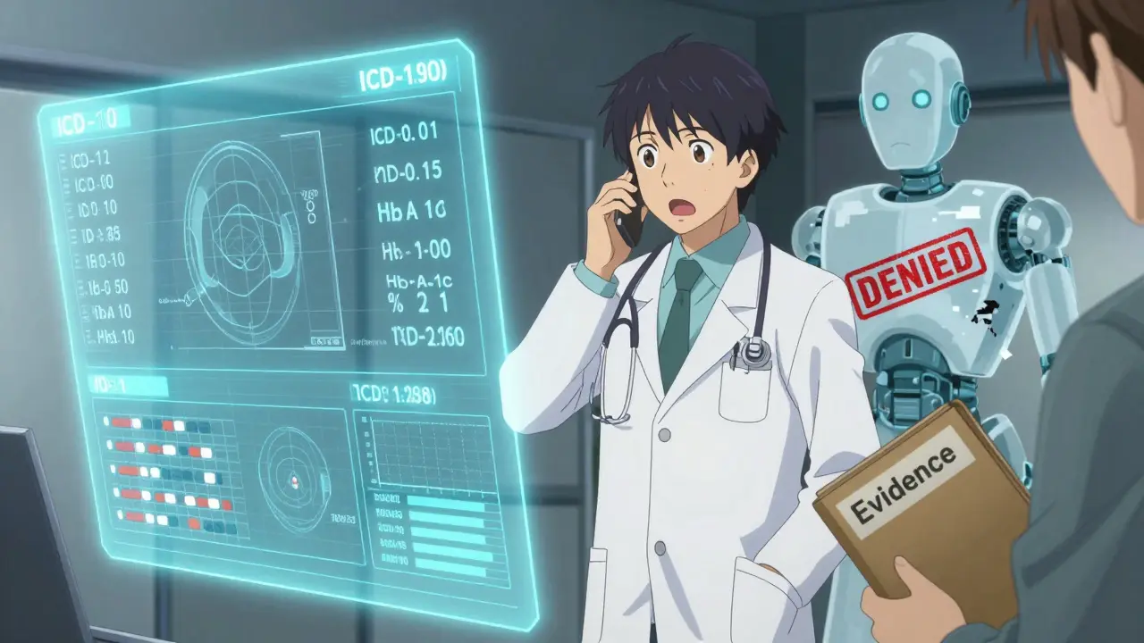 Doctor making phone call to insurer as denial robot crumbles beside medical holograms