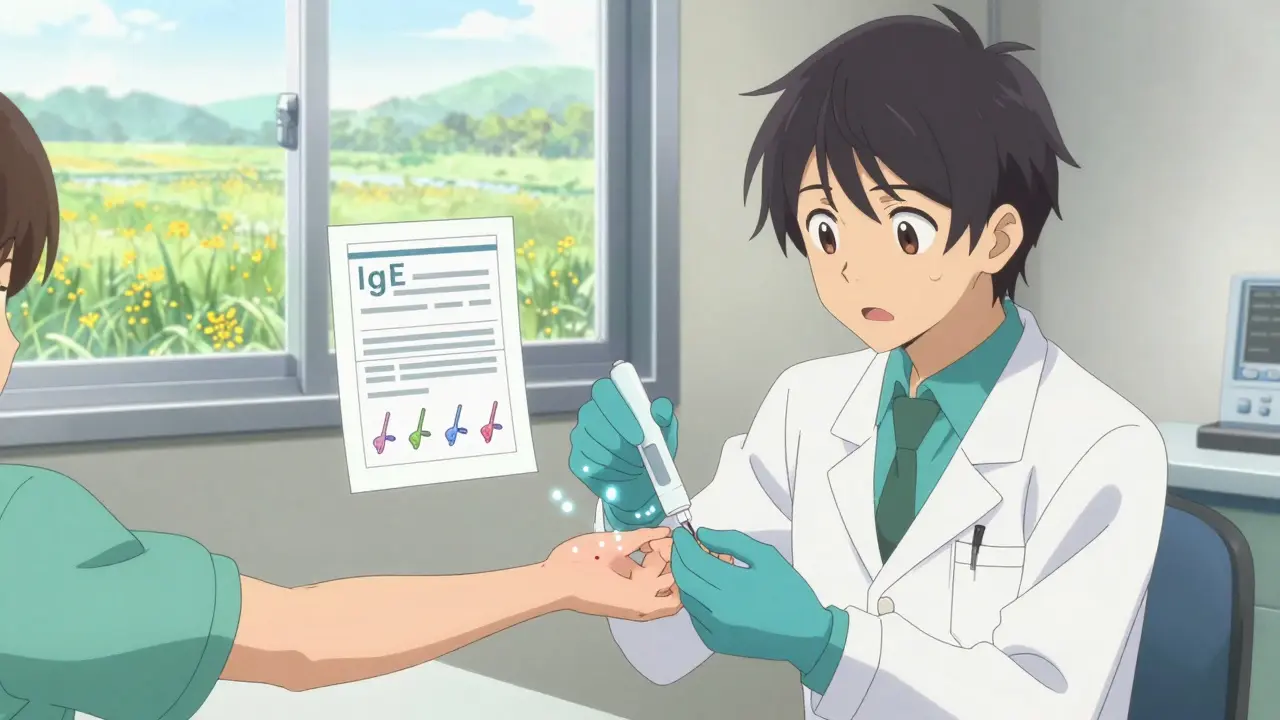 Doctor performing a skin prick test as a red bump forms, with allergen particles floating nearby.