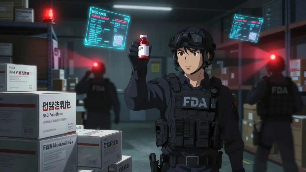FDA agents raiding a warehouse filled with counterfeit medicine boxes under flashing lights.