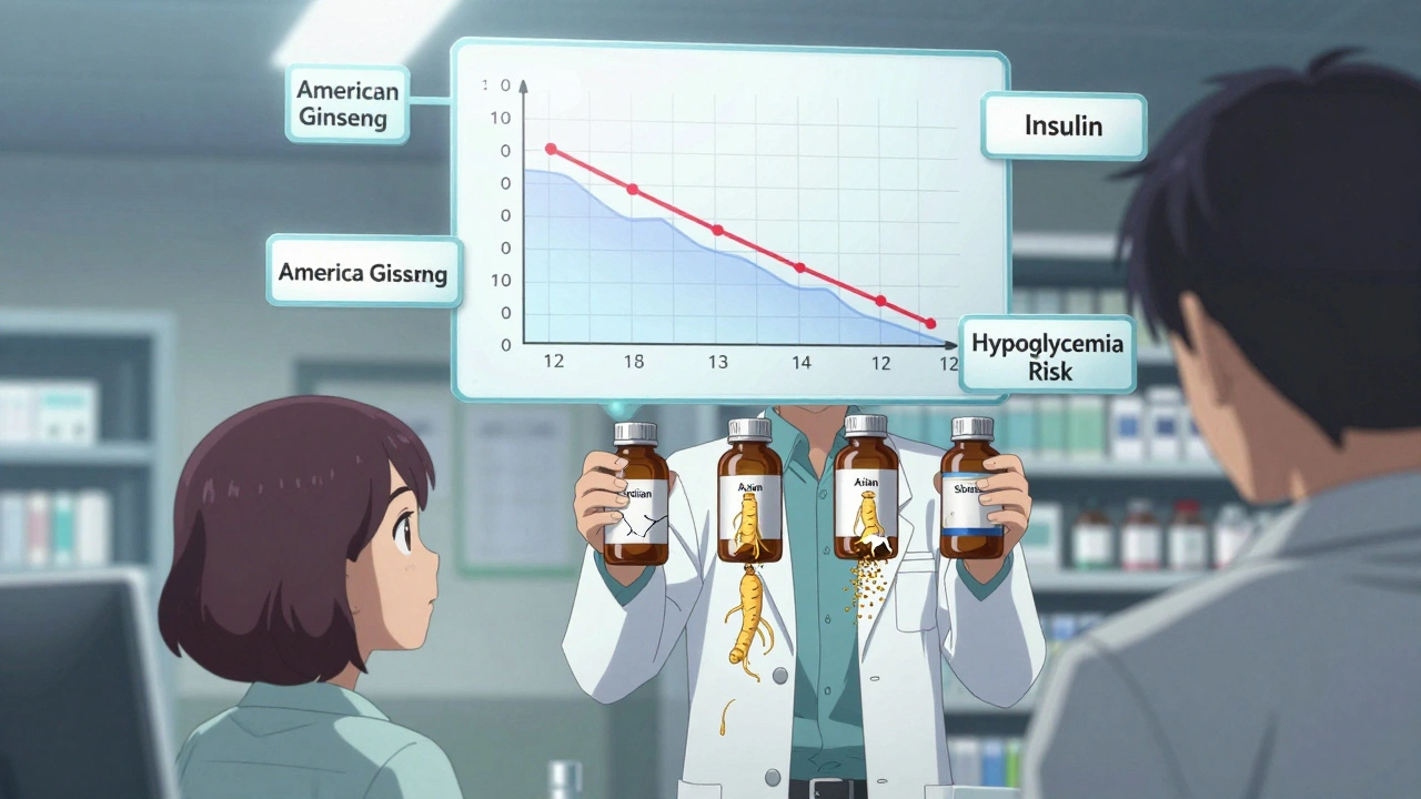 Floating medical chart with blood sugar graphs and labeled ginseng bottles, patient watching anxiously.