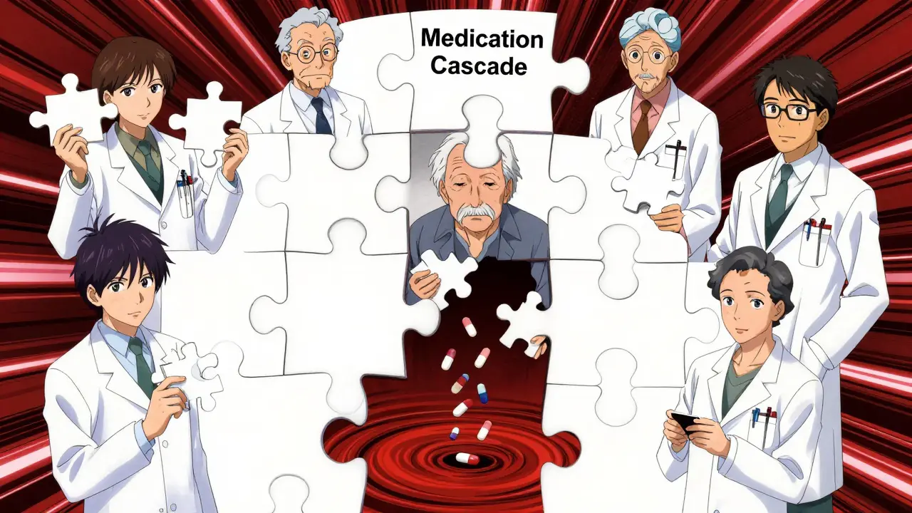 Fragmented medical puzzle with doctors holding pieces and a cascade of pills falling into chaos.