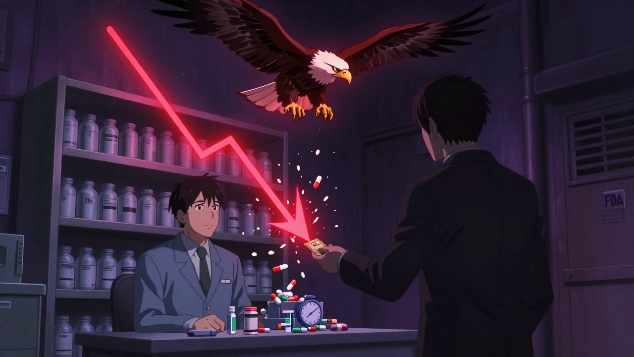 FTC eagle destroying a pay-for-delay deal, transforming empty drug shelves into a flood of newly approved generics.