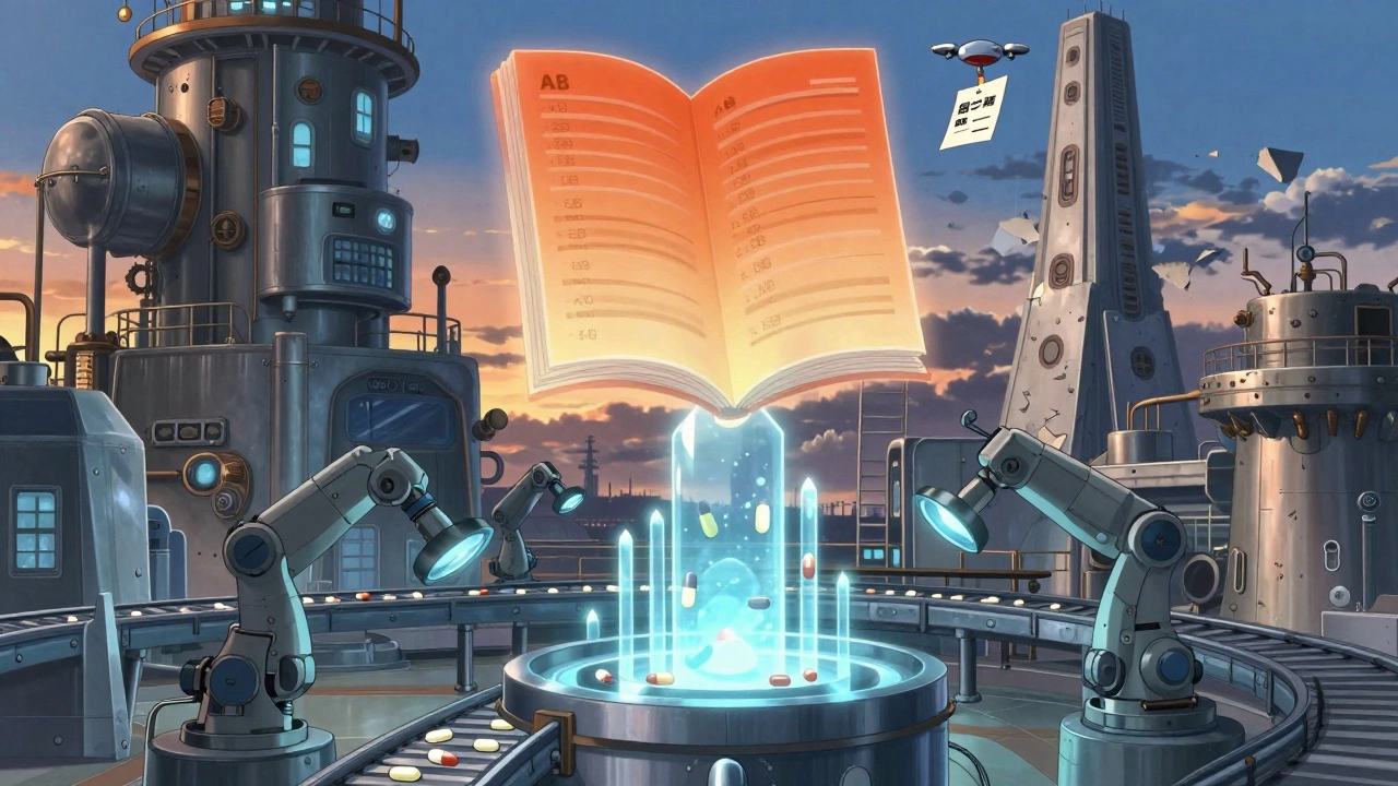 Futuristic generic drug factory with floating Orange Book and recall drone