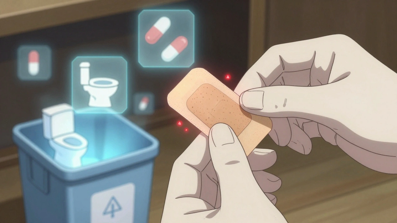 Hand folding a used fentanyl patch sticky-side together, with floating icons of pills and disposal options.